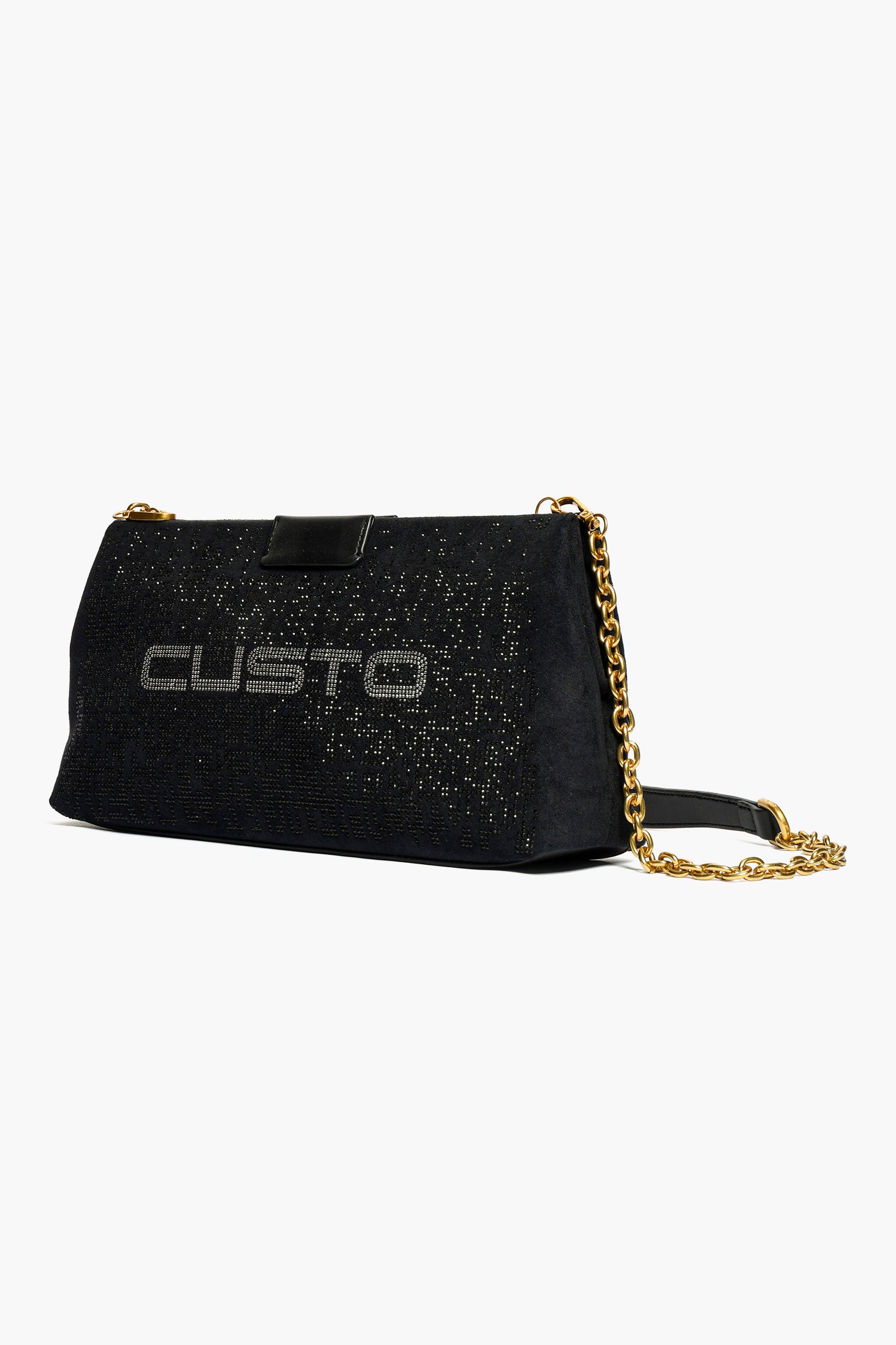 Borsa a spalla dalle dimensioni compatte, caratterizzata da un design moderno e da uno stile distintivo di colore nero con strass posteriore a formare il logo.