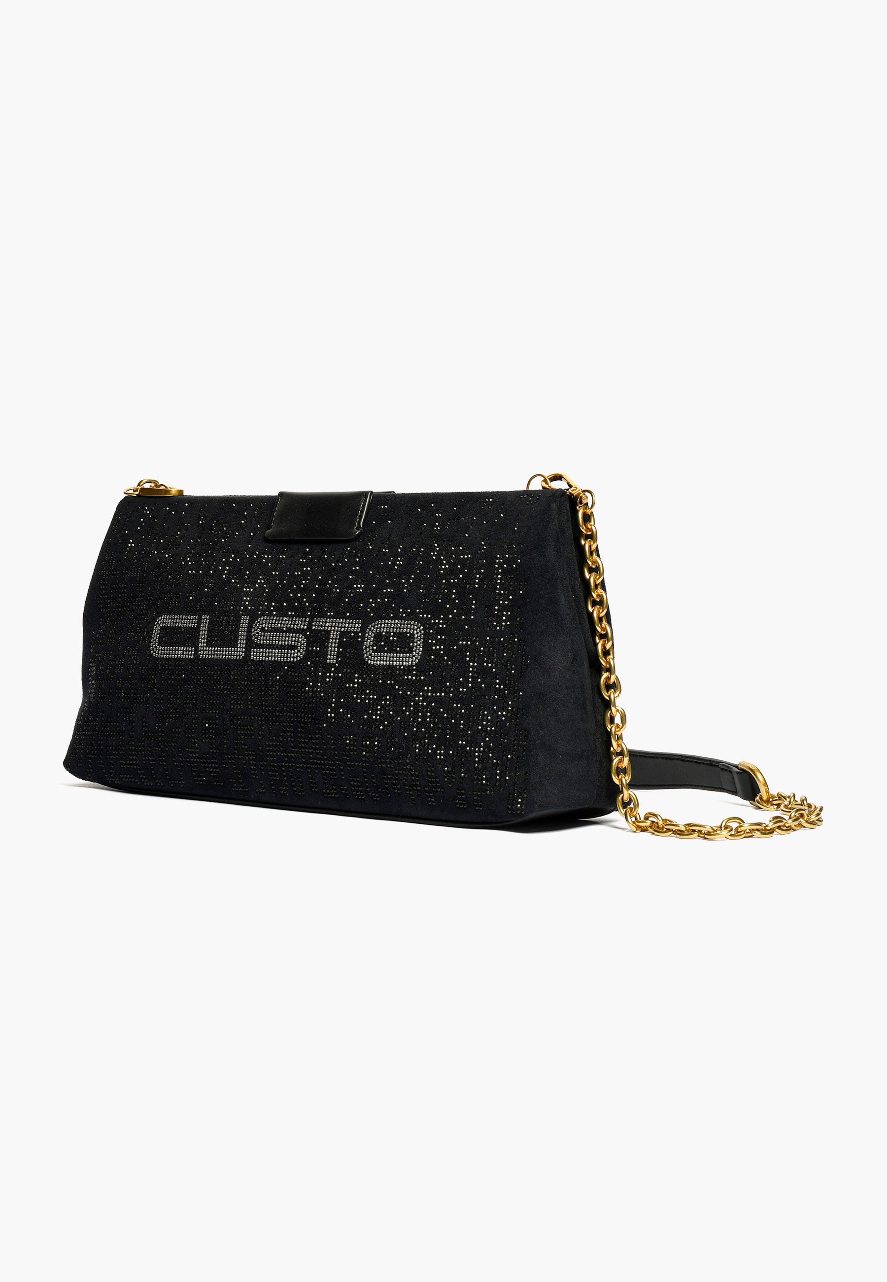 Borsa a spalla dalle dimensioni compatte, caratterizzata da un design moderno e da uno stile distintivo di colore nero con strass posteriore a formare il logo.